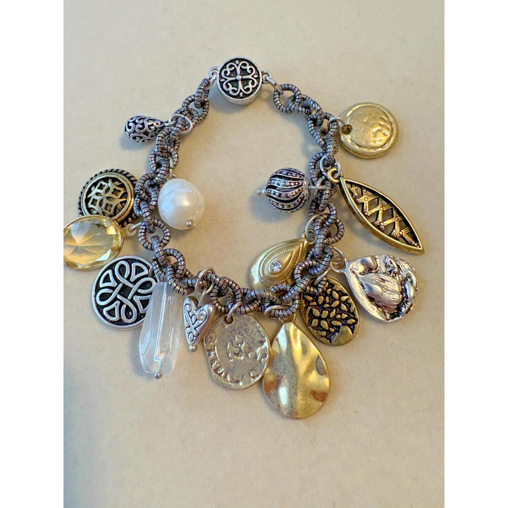 Chico's Gold and Silver Tone Charm Dangle Bracelet Magnetic Closure Boho 7.5 In